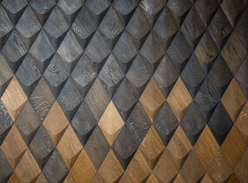 Dreidimensionales Wandpaneel aus Holz mit starkem Hell-Dunkel-Kontrast