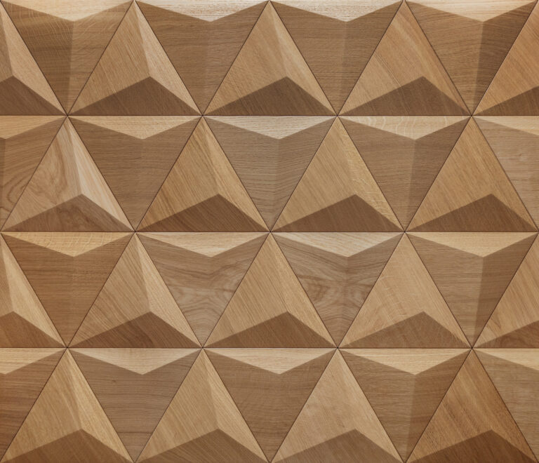 3D wood wall panels in natural oak adding depth and texture to the interior wall