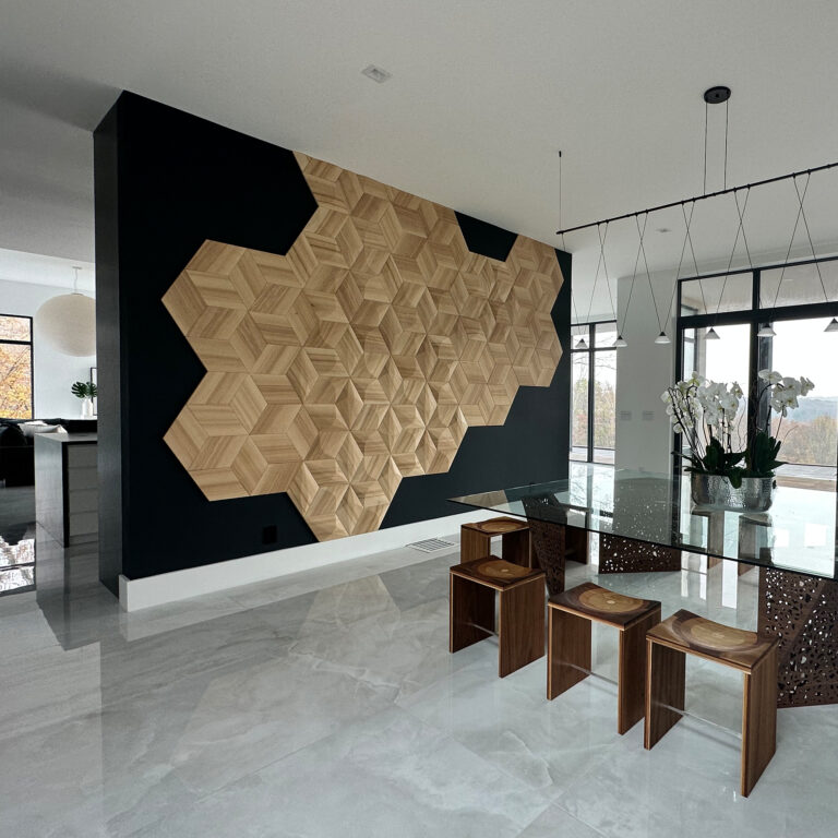 Unique wooden wall panel installation in a modern interior with designer chairs