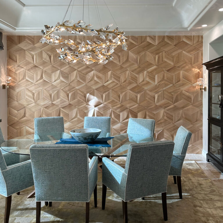 Luxurious dining room with a large decorative wood wall panel as the main feature