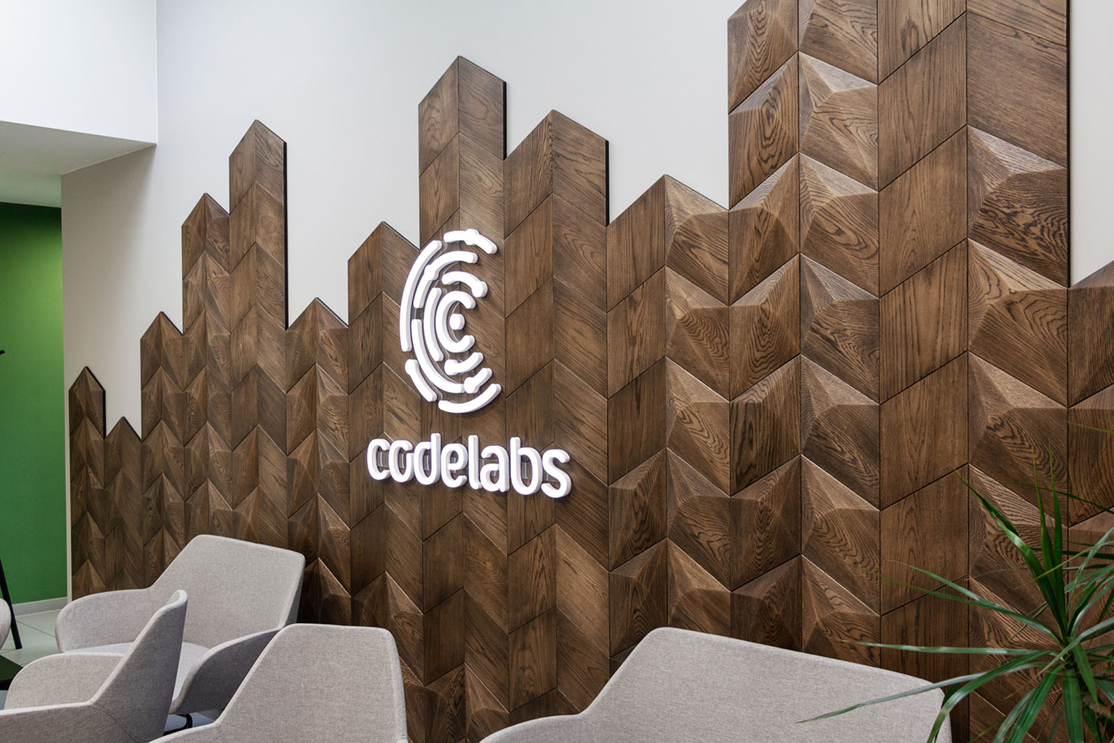 View of decorative wooden panels in the modern office