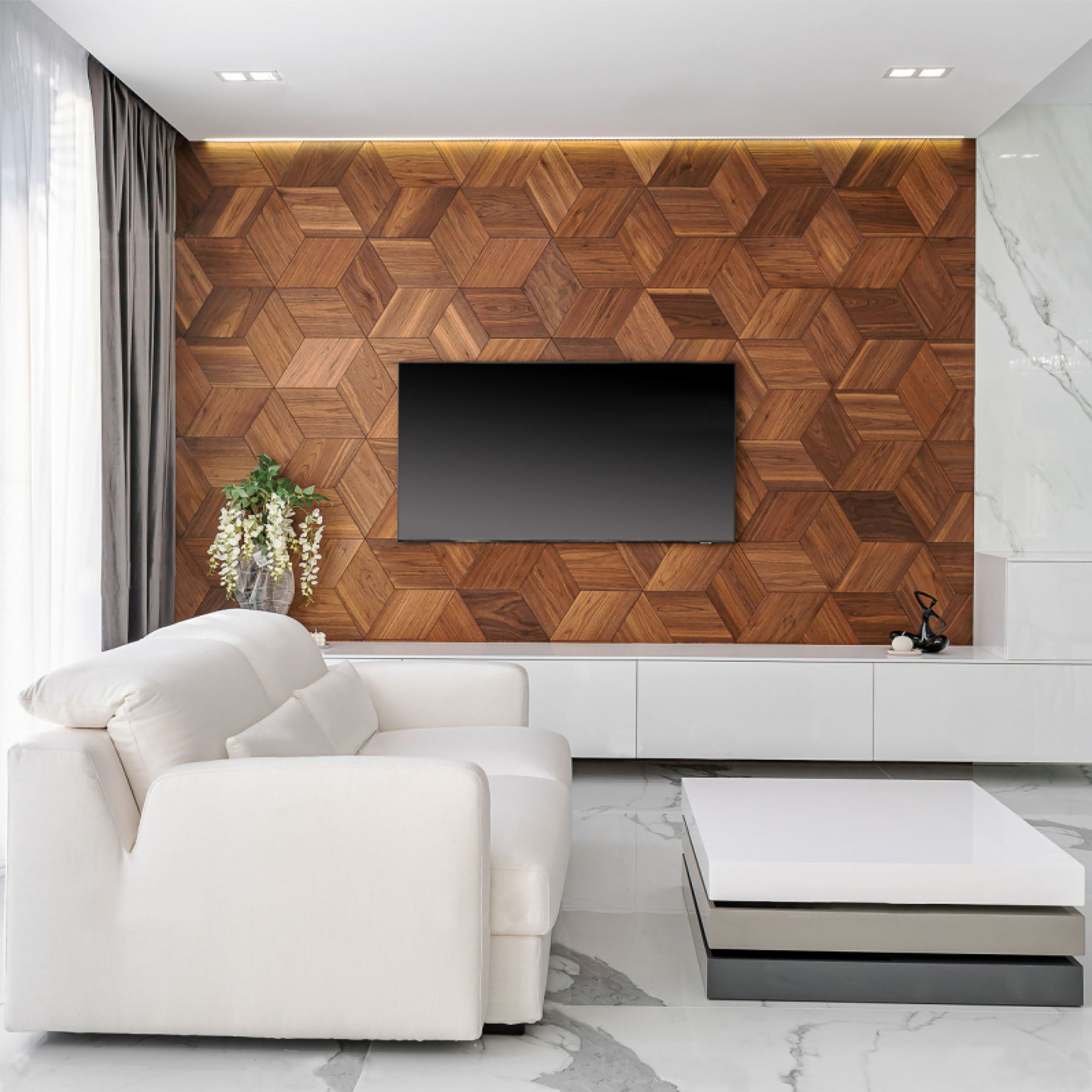 TV-Wand mit Eiche-3D-Paneelen – modernes und warmes Design