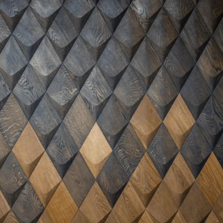 Drewniany panel ścienny w geometrycznym układzie jasnych i ciemnych kolorów