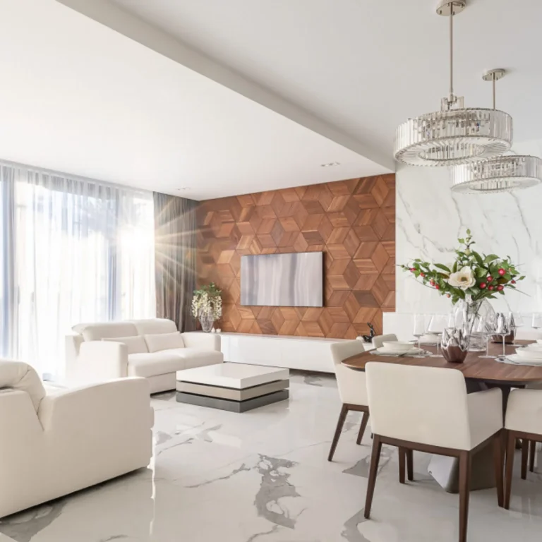 Oświetlone drewniane panele ścienne dodające ciepła wnętrzu