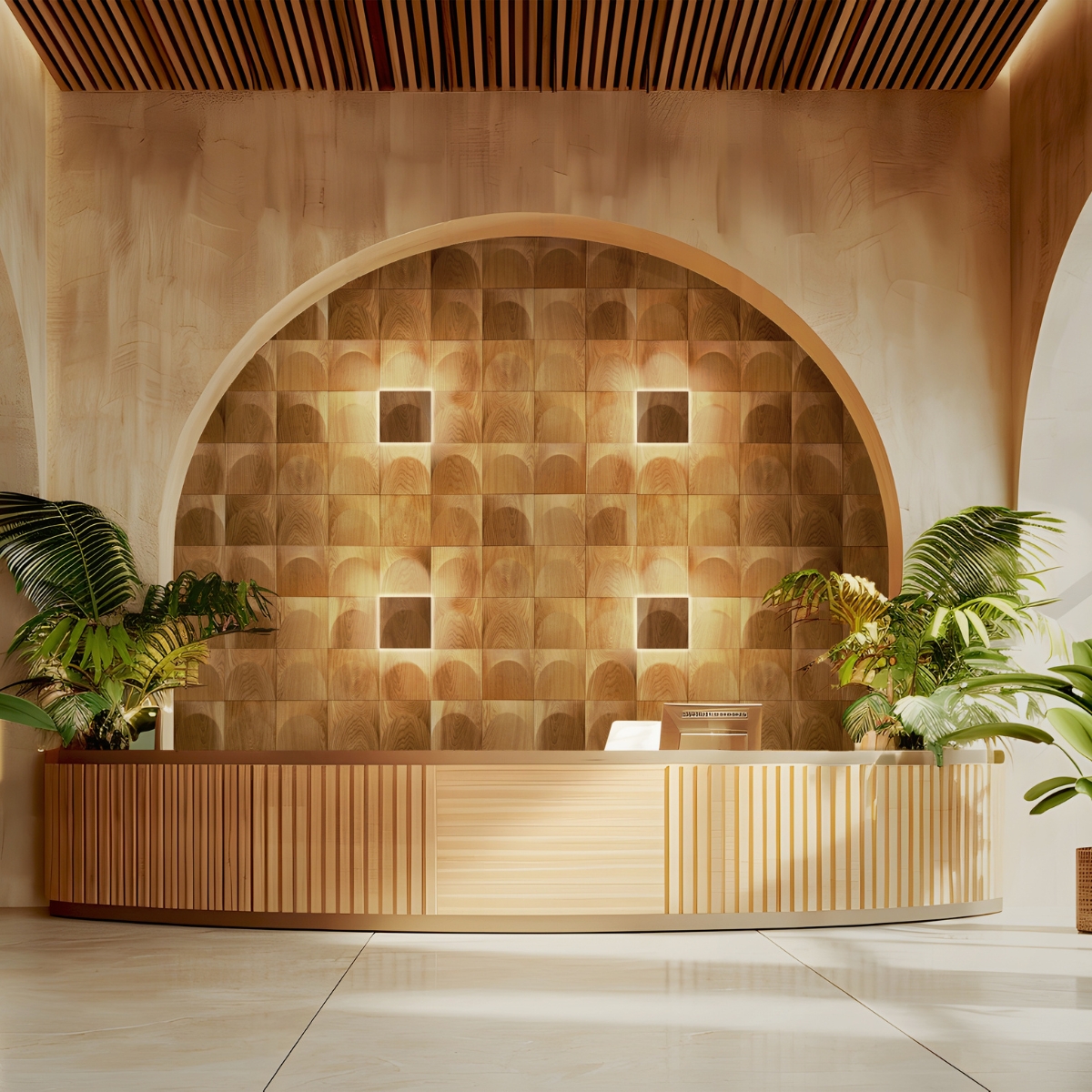 Wooden wall decor and acoustic arch design