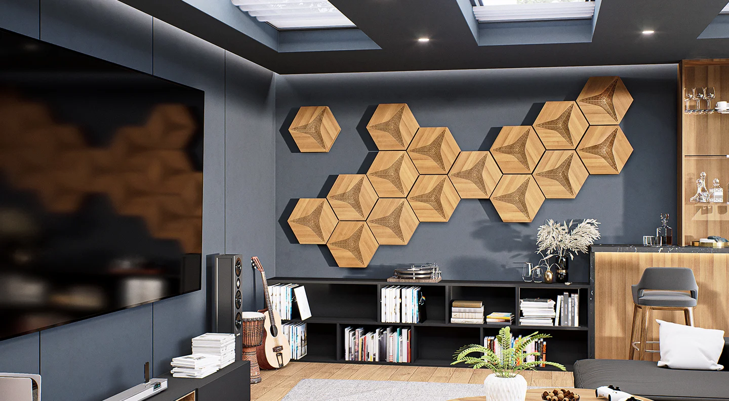 Acoustic wood wall panels used to enhance both sound quality and visual appeal in a modern interior.