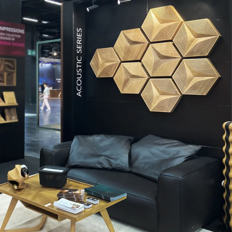 Acoustic wood wall panels used to enhance both sound quality and visual appeal in a modern interior.