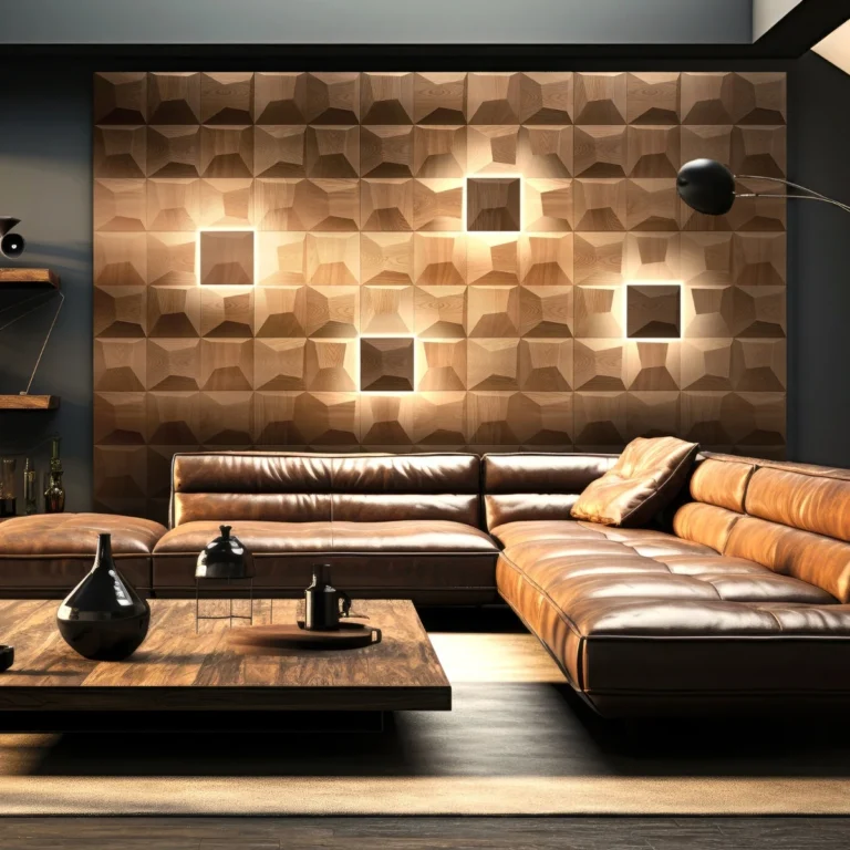 Living room decorated with wood wall panels and light