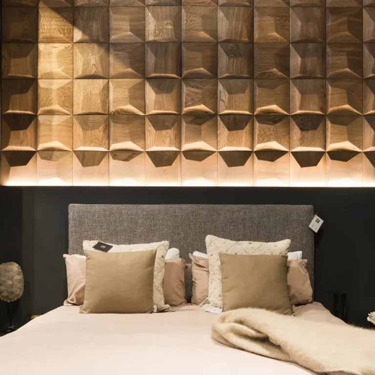 Modern bedroom with 3D decorative wood paneling above bed