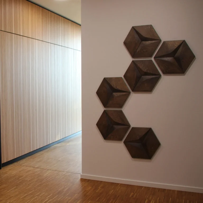 Minimalist hallway with floating hexagon wood wall decor