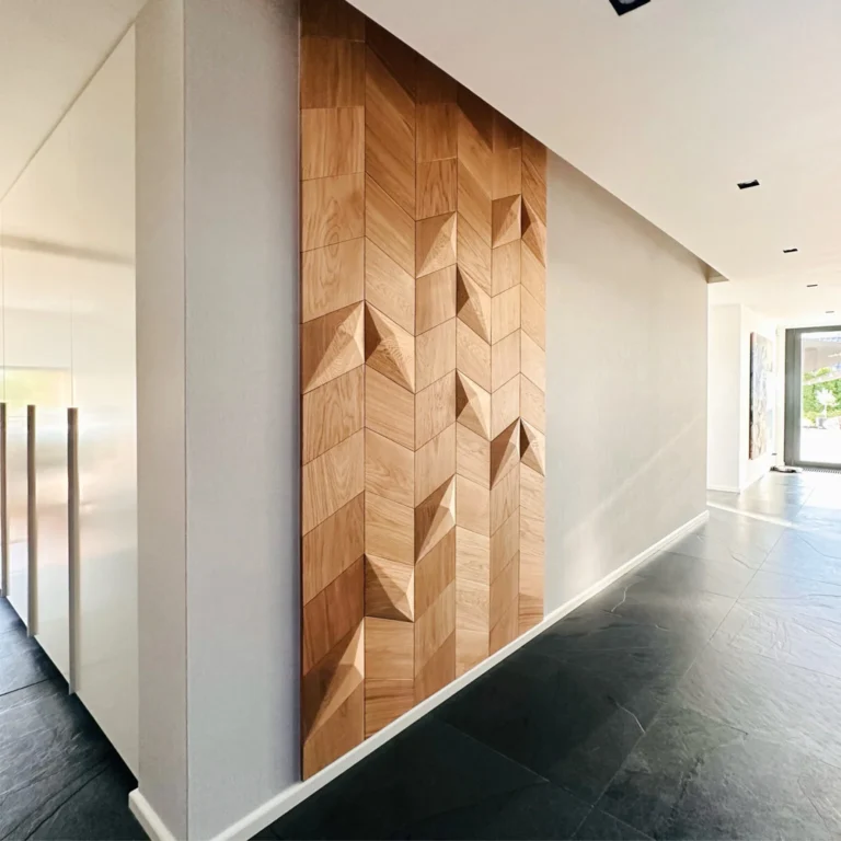 Geometric wood wall panels in bright modern hallway