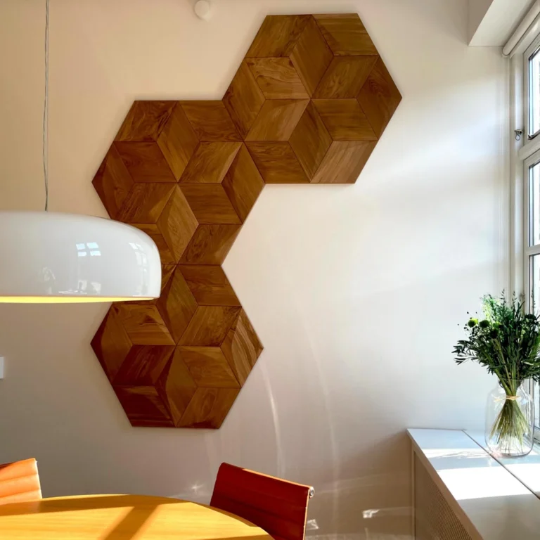 Hexagonal wood wall panels as modern interior wall decor