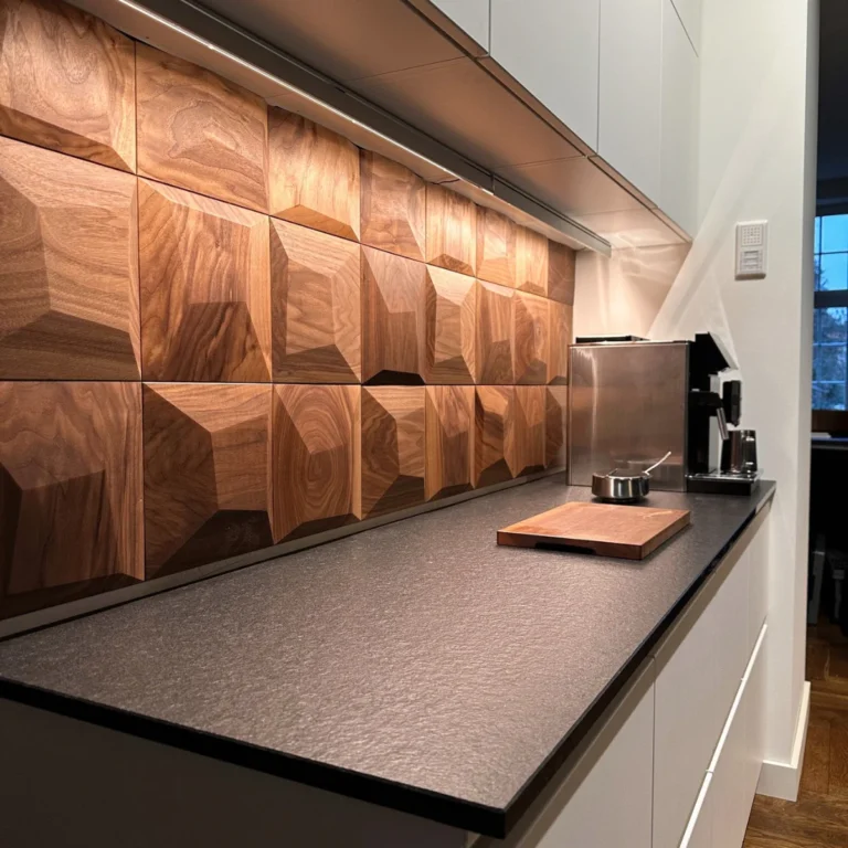 Kitchen backsplash with 3D wood wall paneling