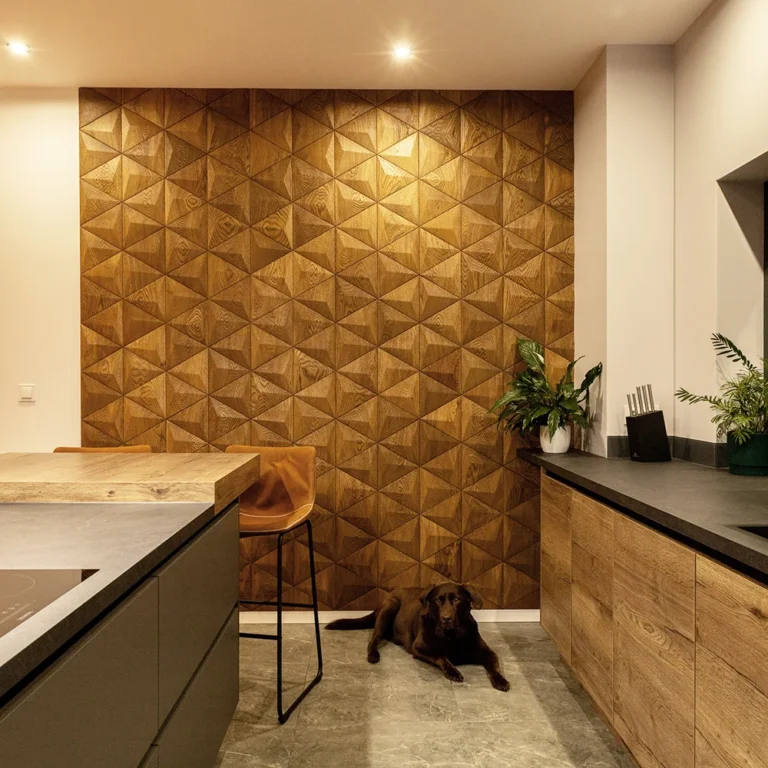 Kitchen interior with warm-toned decorative wood wall panels