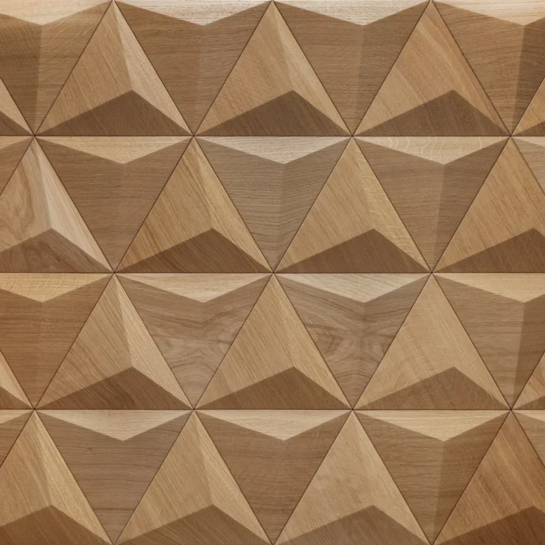 Close-up of oak wood wall paneling in triangle pattern