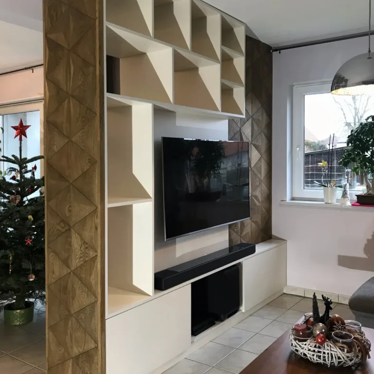 TV wall with integrated shelving and wood wall paneling