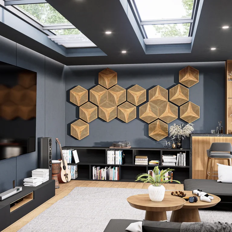 Nowoczesny salon z drewnianą ścianą z paneli akustycznych