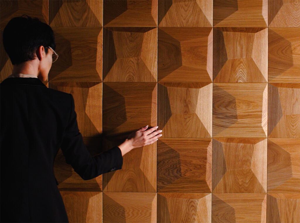 Close-up textured wood panel wall