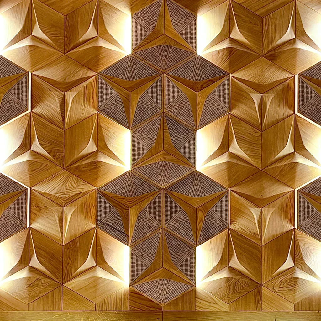 Patterned 3D decorative wood wall panels with hexagonal wood panel design