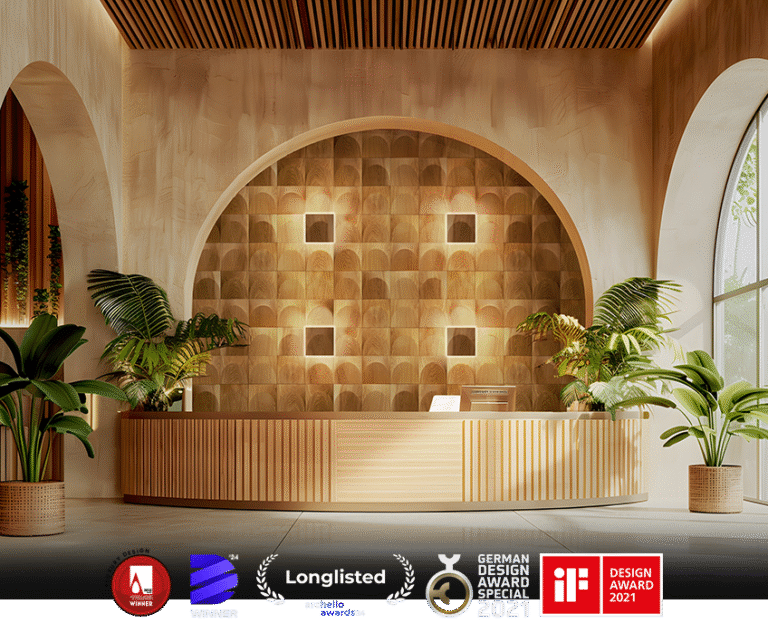 wooden wall panels in lobby