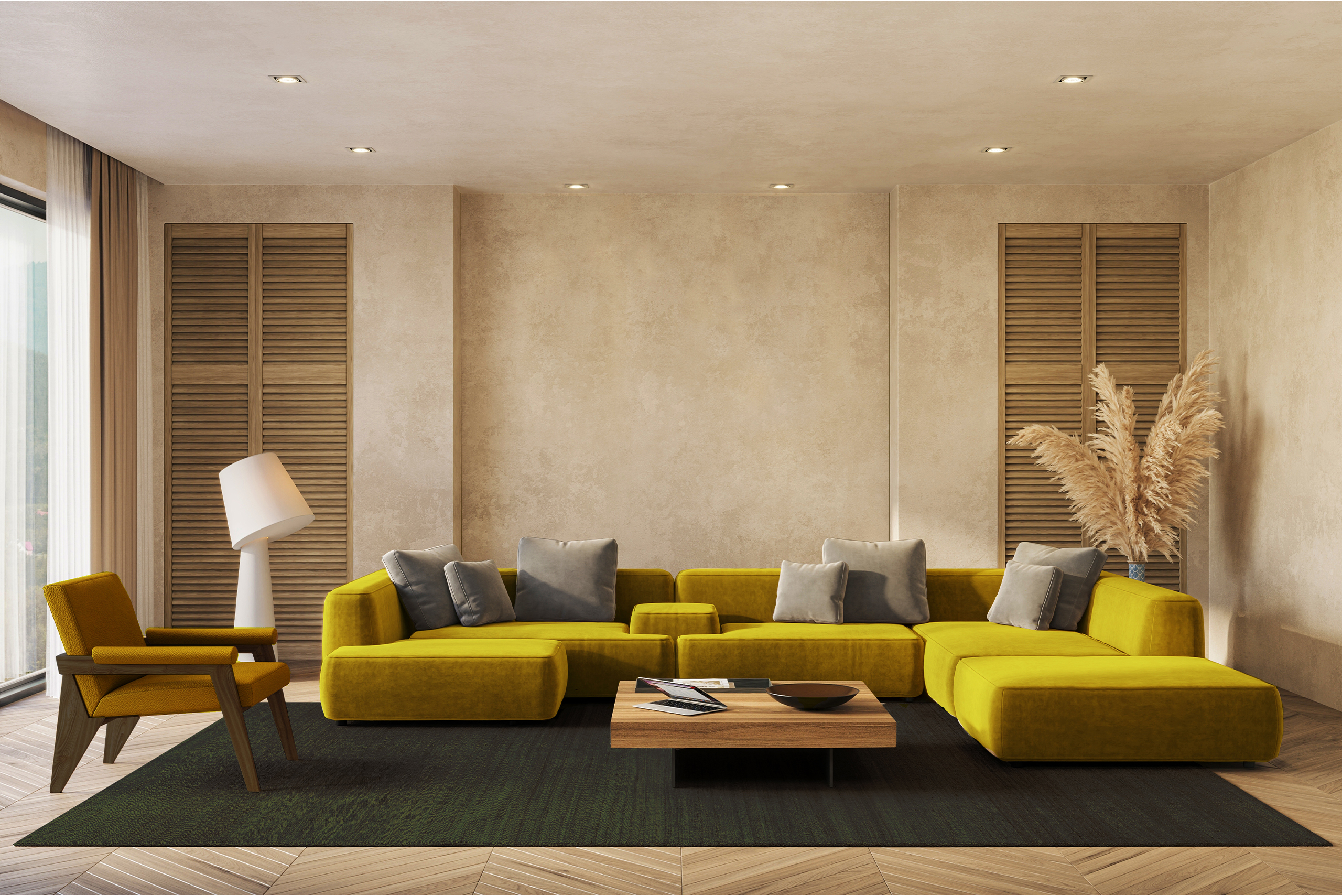 Wnętrze salonu z gładką jasną ścianą, żółtą sofą modułową i minimalistycznym wystrojem