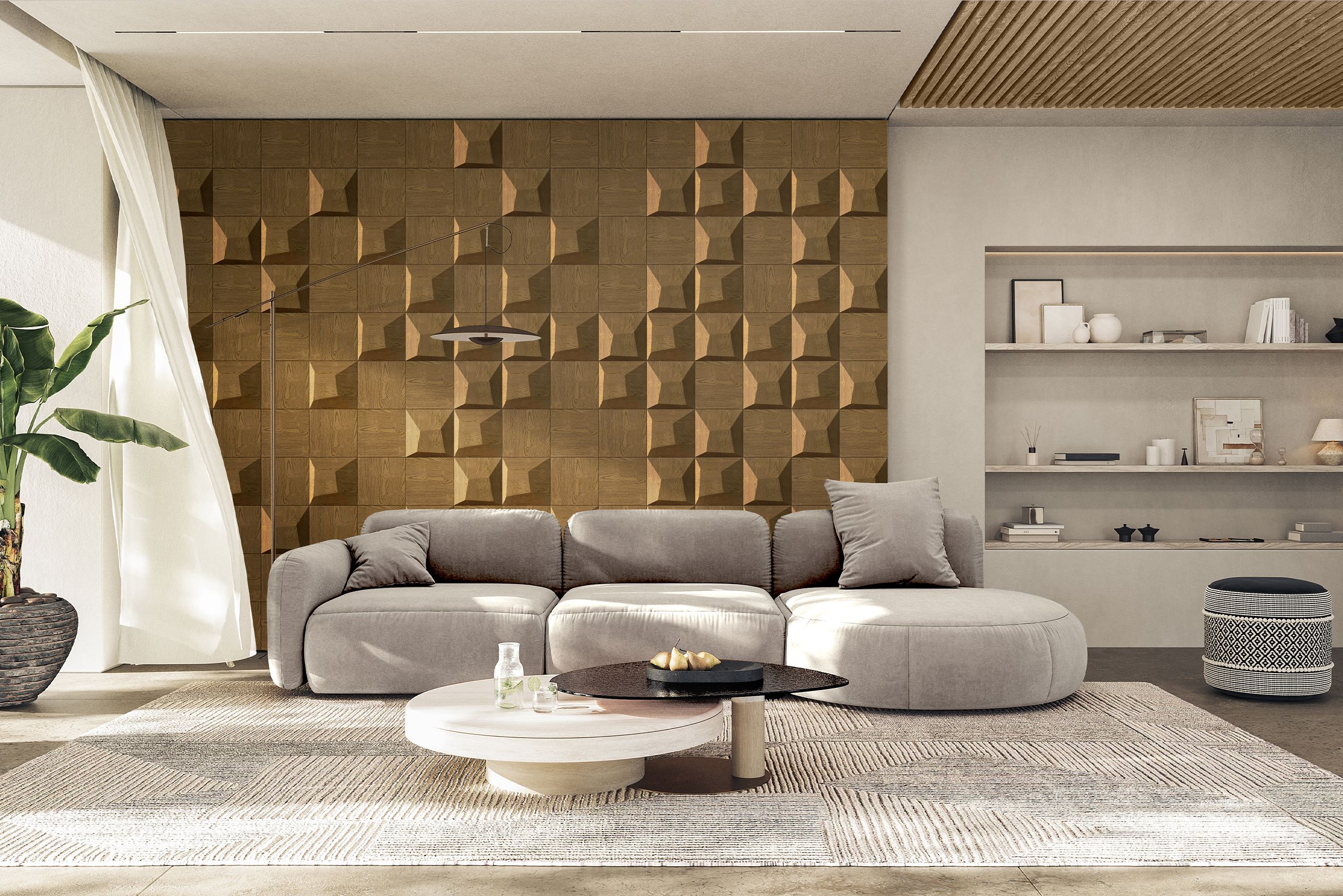 Moderne 3D Wandpaneele aus Holz im stilvollen Wohnzimmer