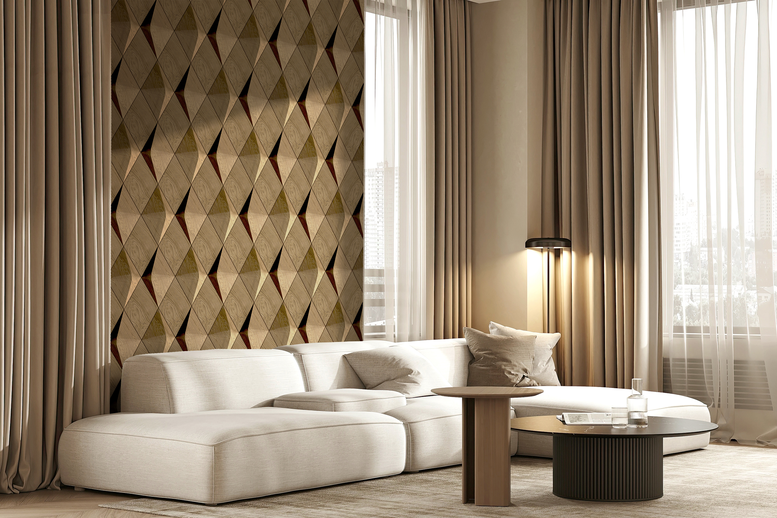 Przytulny salon z dekoracyjną ścianą z drewnianych paneli 3D w ciepłych odcieniach, za kanapą i lampą