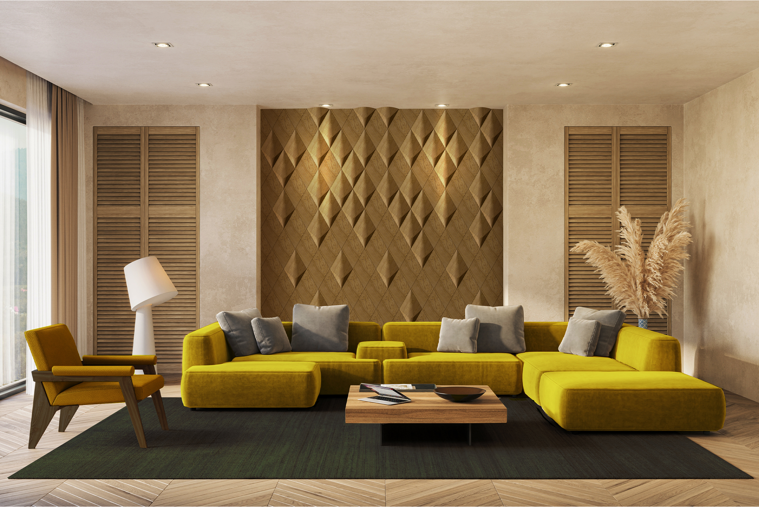 Salon z dekoracyjną ścianą z drewnianych paneli 3D w geometrycznym wzorze, żółtą sofą i przytulnym oświetleniem