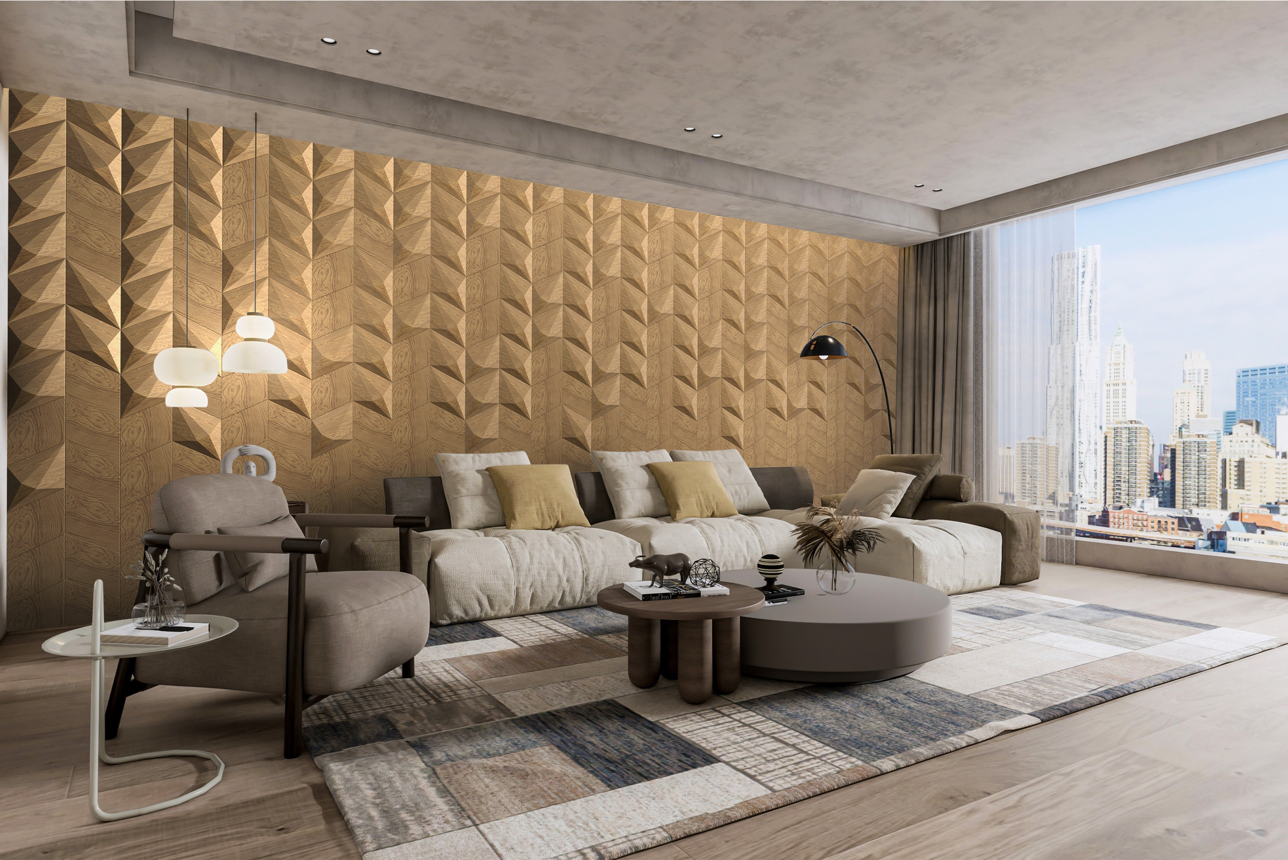 Elegante Akzentwand mit 3D Holzpaneelen im Wohnzimmer