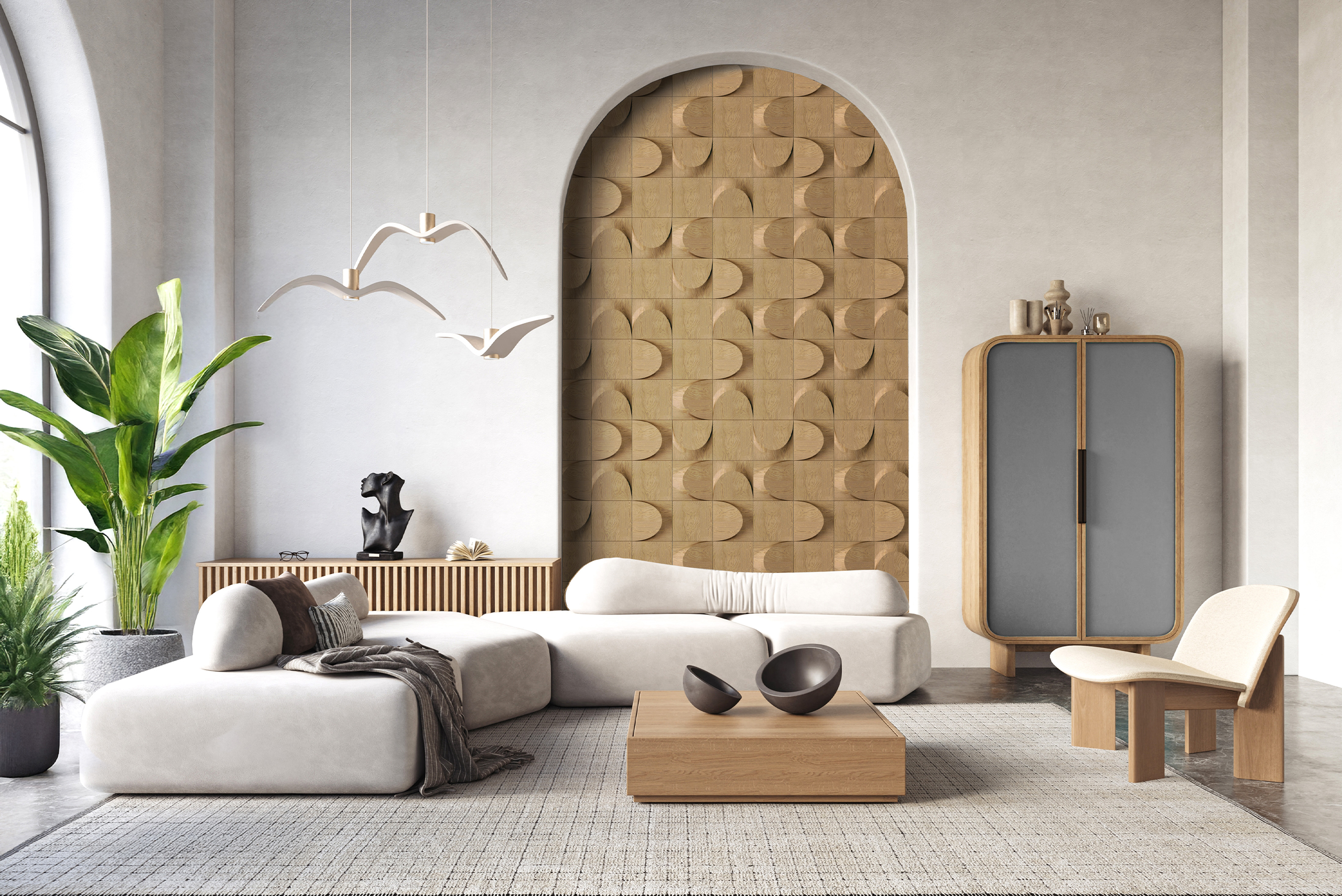 Nowoczesny salon z drewnianymi panelami 3D wkomponowanymi w łukową wnękę jako mocny akcent