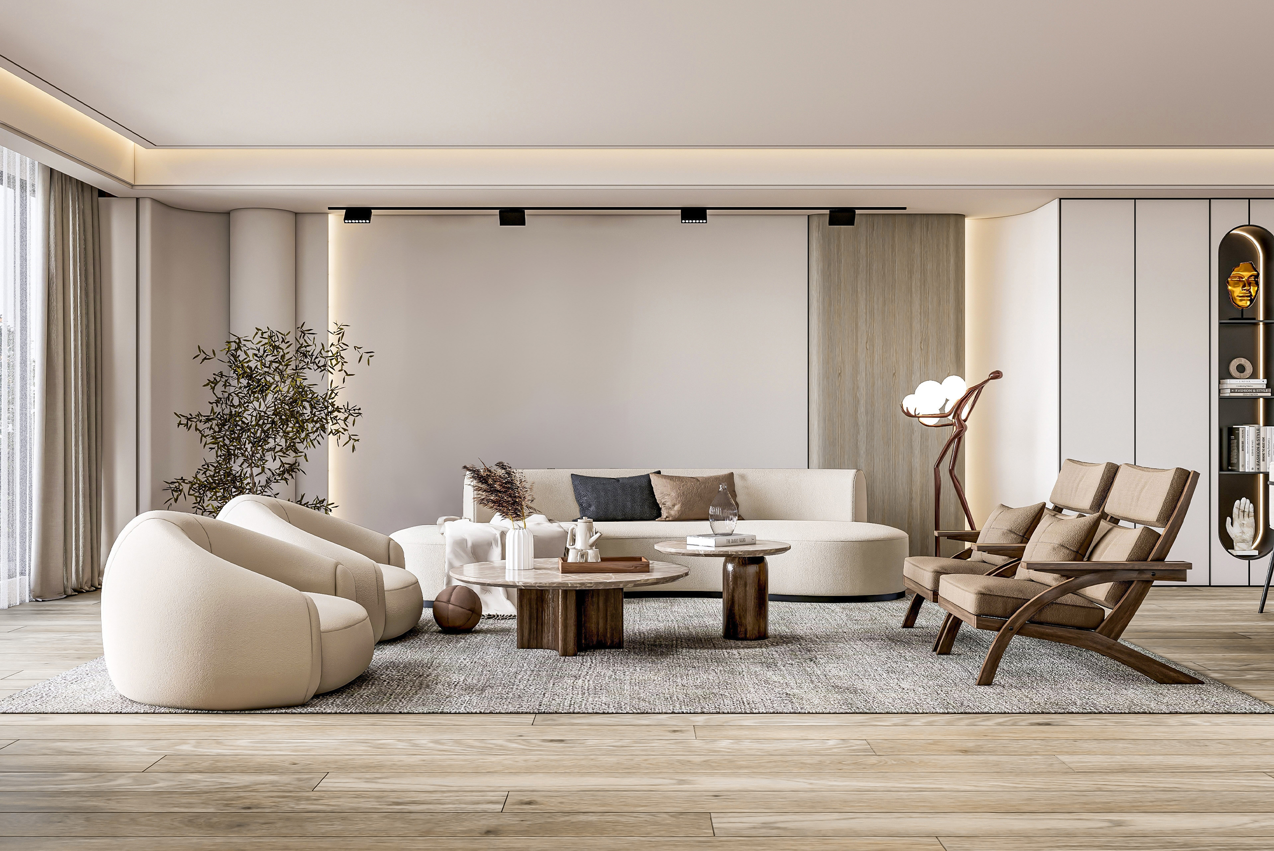 Spacious living room with minimalist 3D wall panels in a neutral tone behind a modern seating area