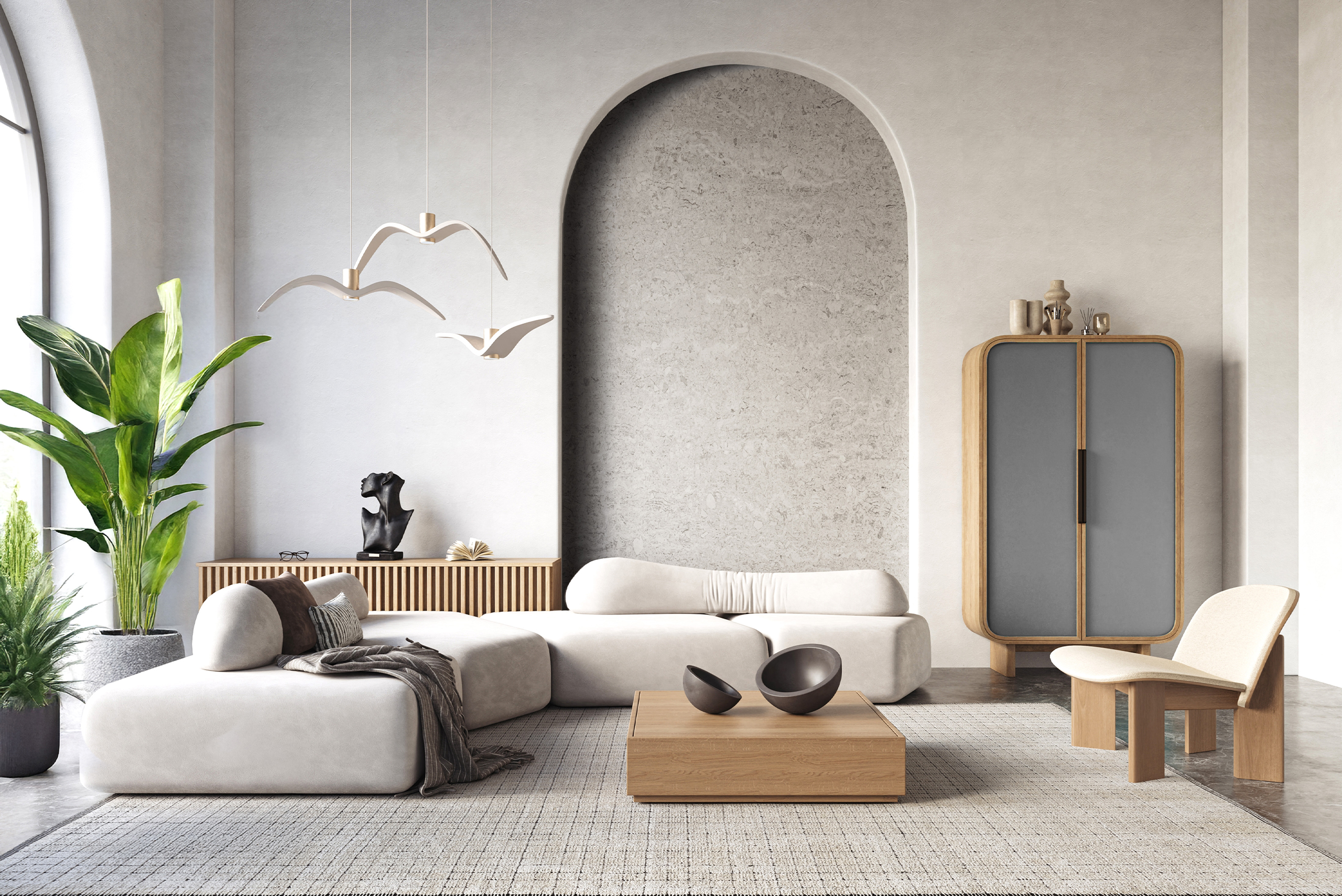 Jasny salon z łukową niszą, minimalistyczną ścianą i stonowanymi meblami