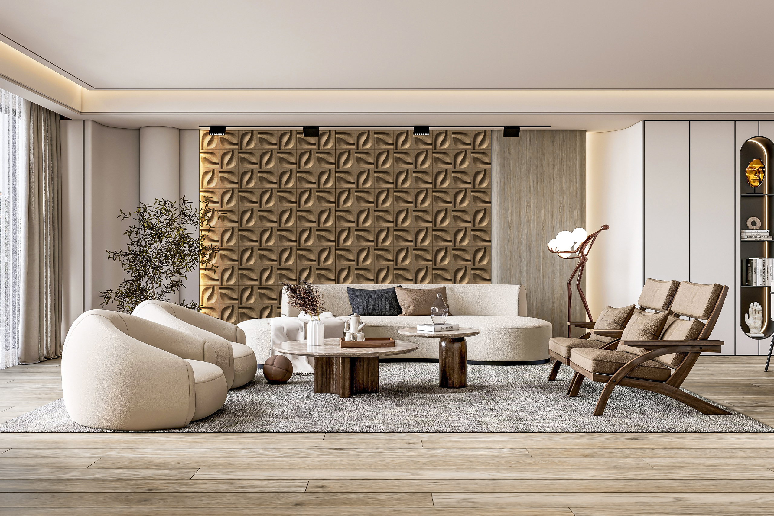 Sophisticated interior with a bold 3D wood accent wall adding depth behind contemporary furniture