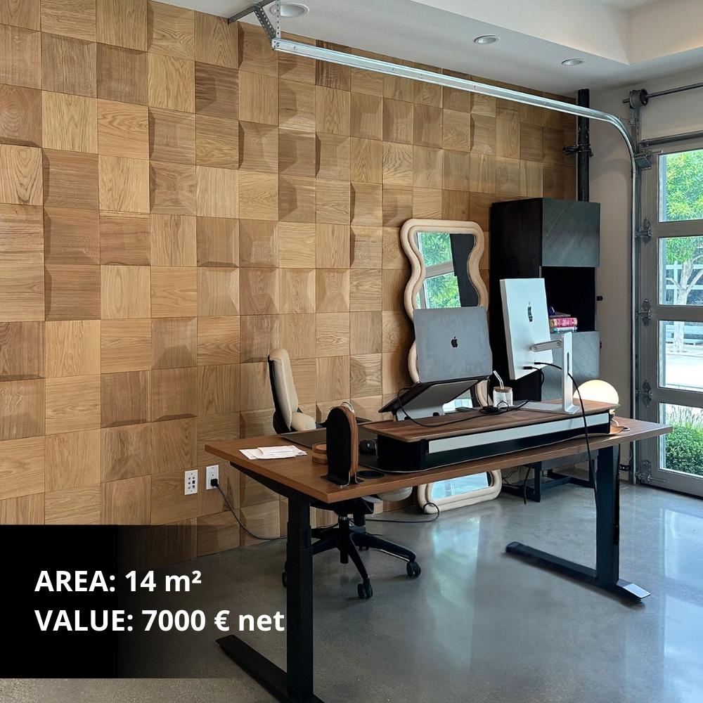 Living room with light wood wall panels and modern furniture in neutral tones