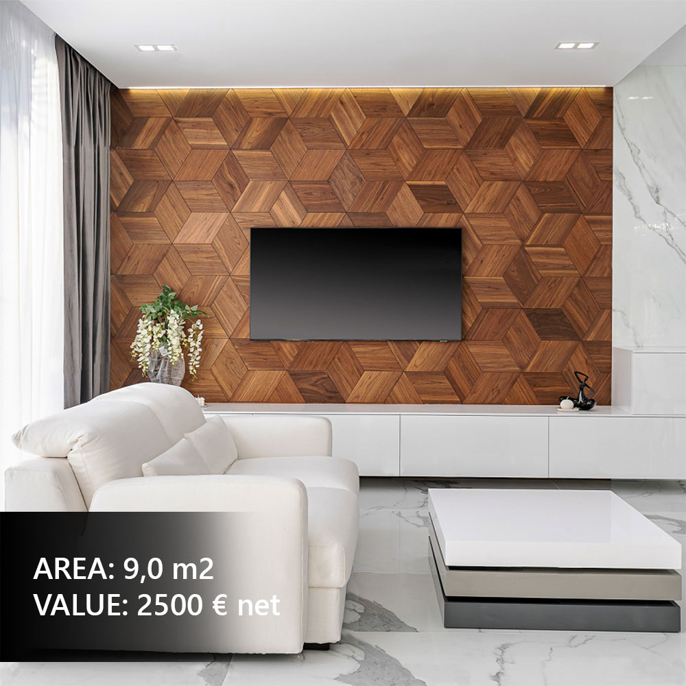 3D Wandpaneel an der TV-Wand im modernen Wohnzimmer