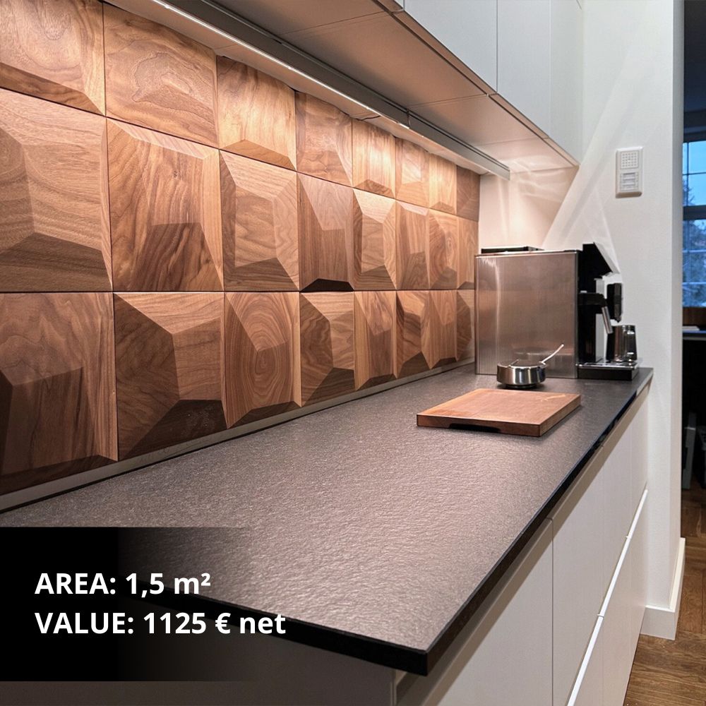 Wood panel accent wall with a 3D geometric design in a contemporary kitchen