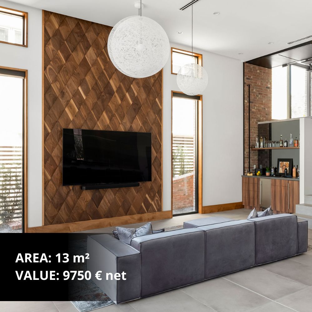 Moderner Empfangstresen mit dunklen 3D-Holz-Wandpaneelen