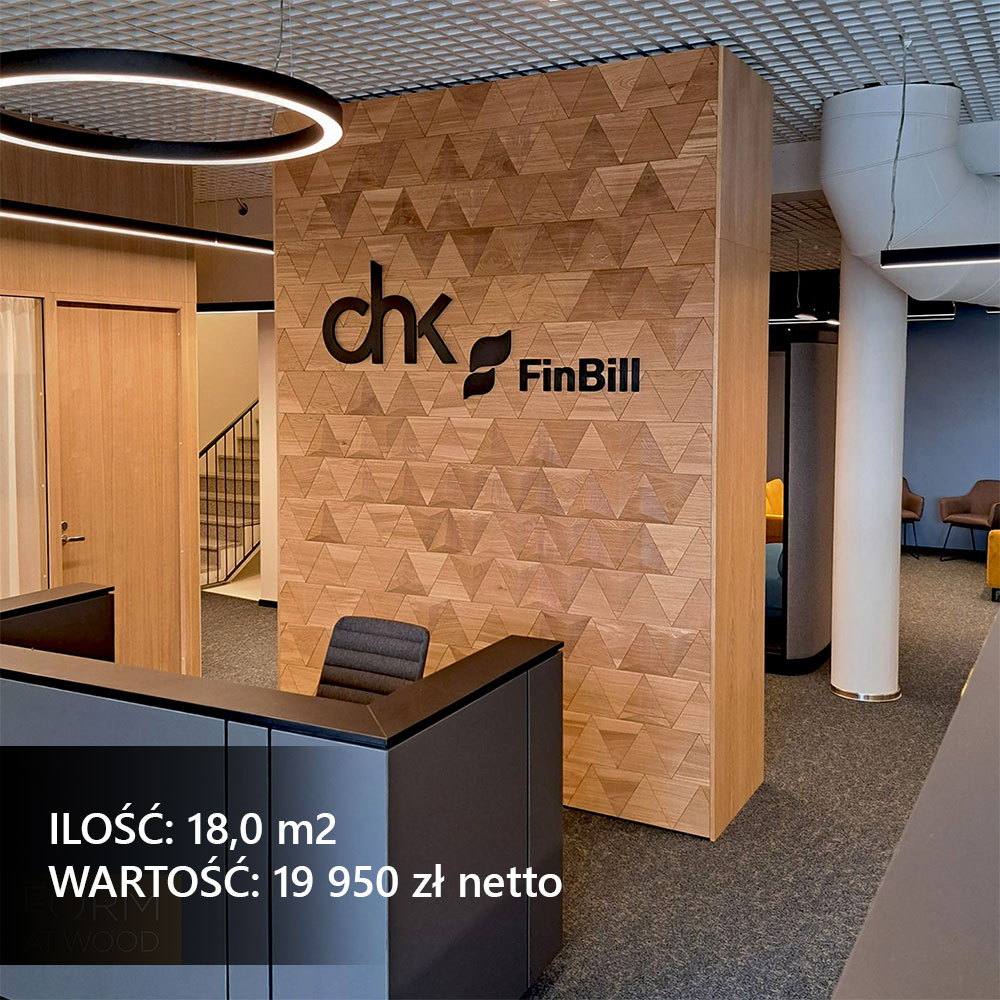 Panele scienne projekt – drewniane panele ścienne w biurze na tle logo