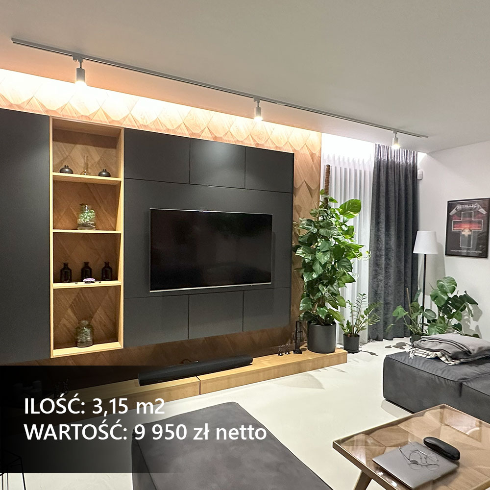 Nowoczesna ściana TV z dekoracyjnymi panelami drewnianymi