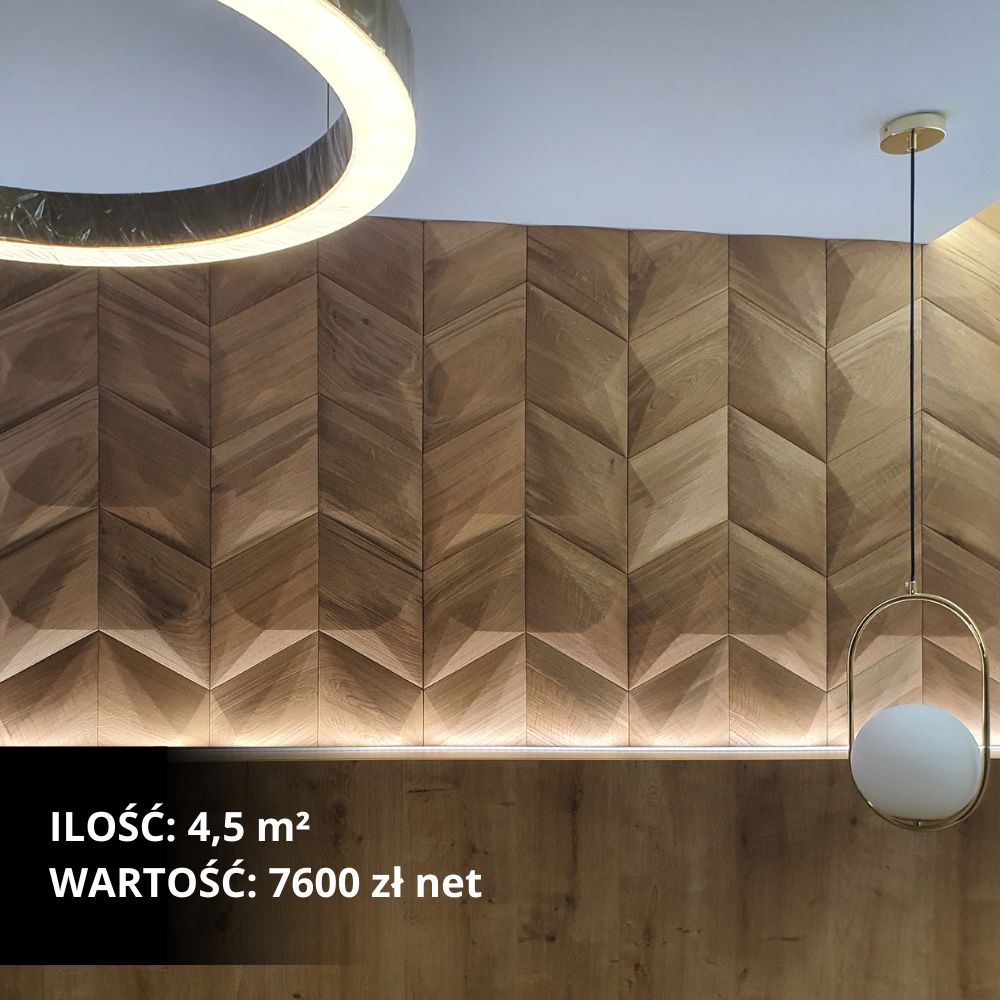 Zbliżenie na nowoczesny drewniany panel ścienny we wzór jodełki z oświetleniem nastrojowym.