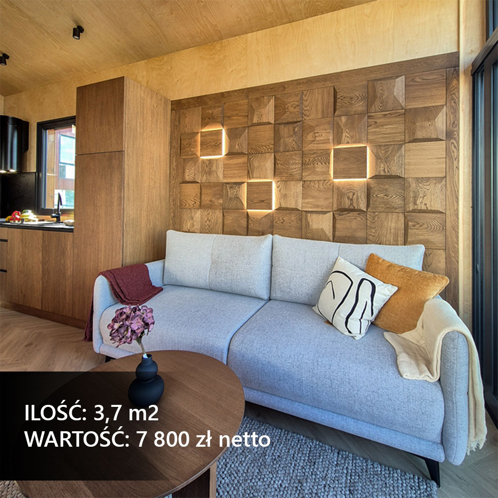 Drewniane panele ścienne w nowoczesnym salonie, inspiracja na dekoracyjną ścianę za sofą.