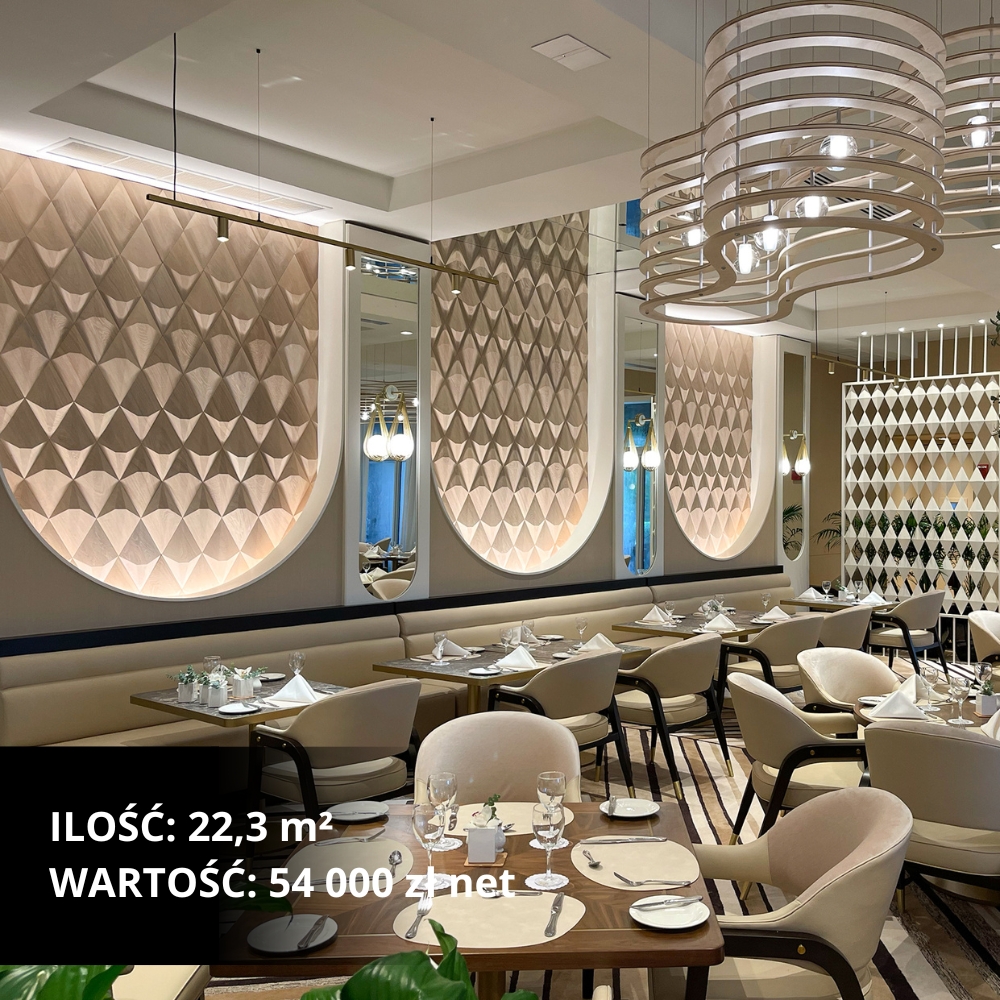 Restauracja z trójwymiarowymi geometrycznymi drewnianymi panelami ściennymi