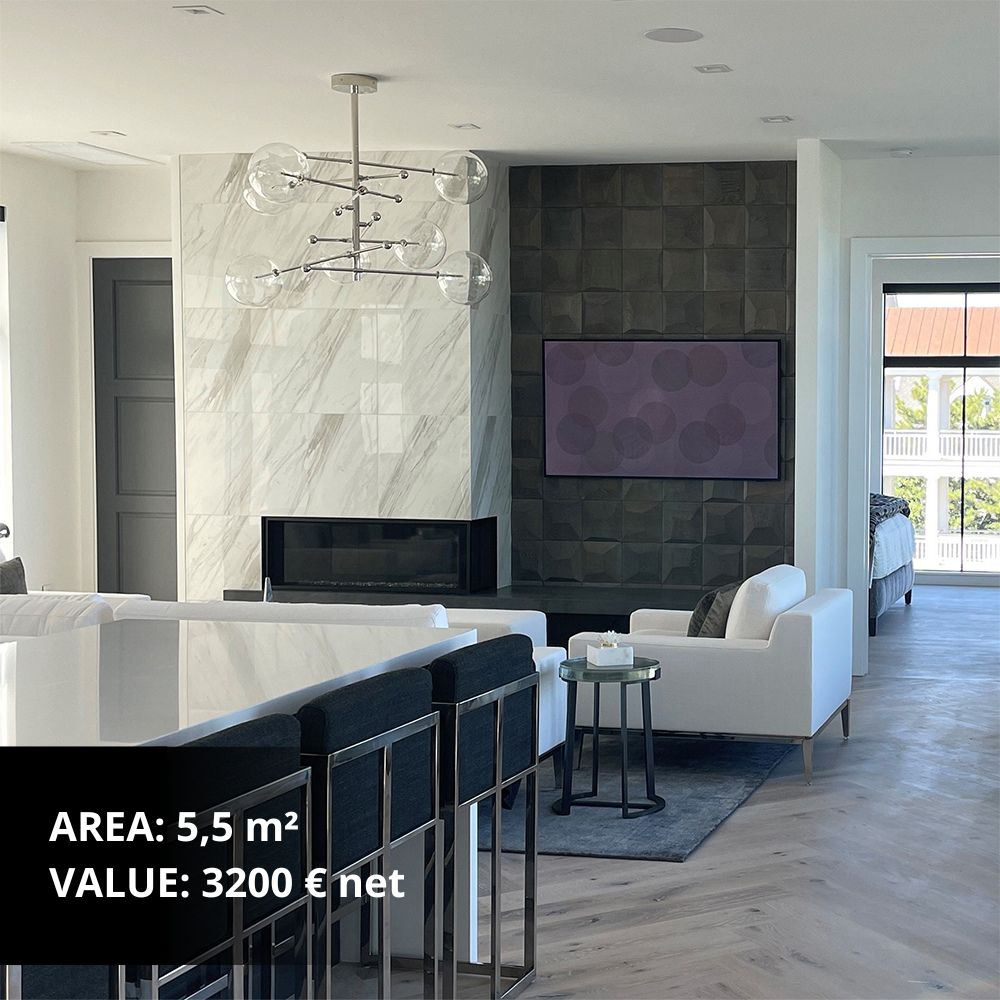Minimalist kitchen and dining area with dark wood accent wall and marble surfaces
