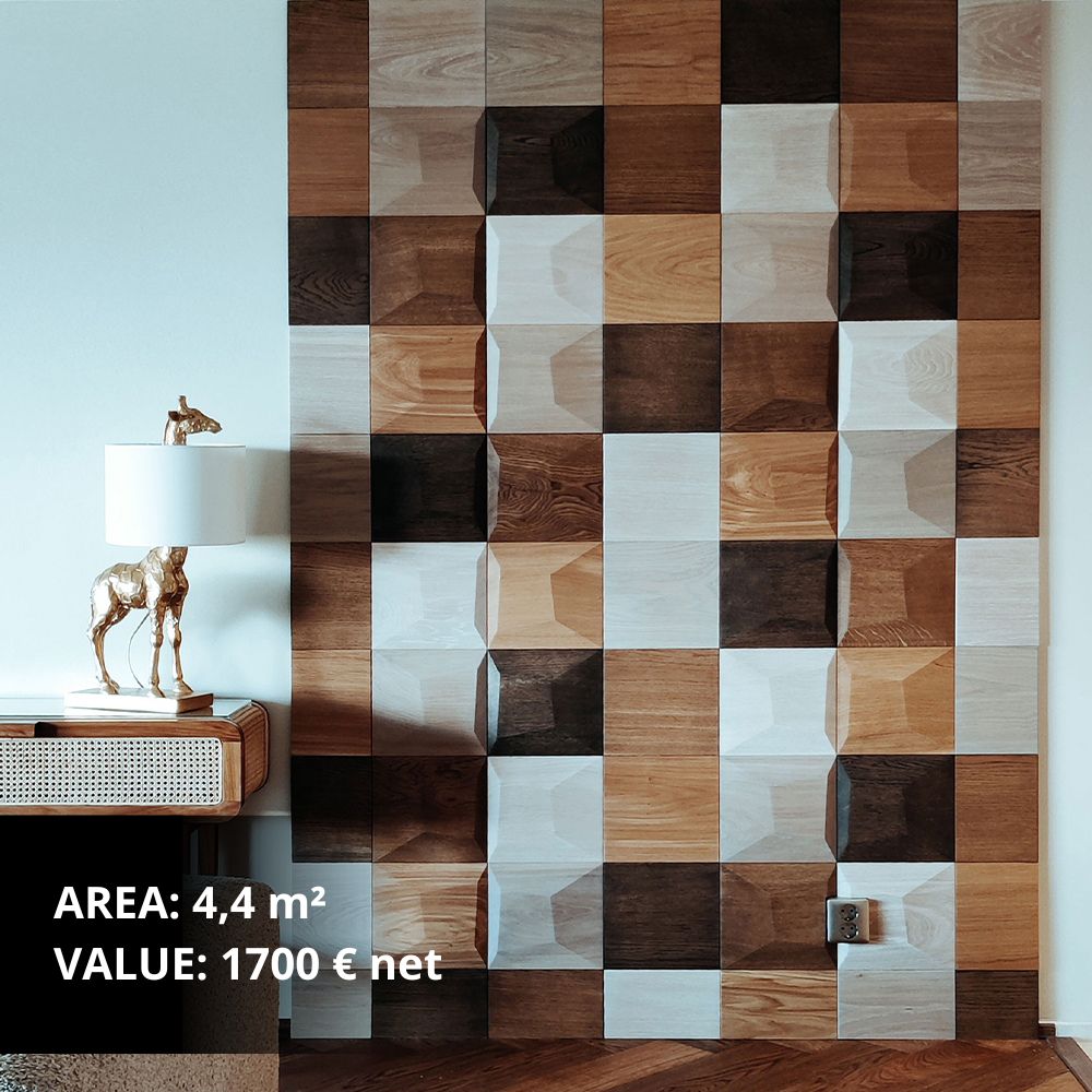 3D-Holzwandpaneele mit geometrischem Quadratmuster in einem modernen Wohnzimmer