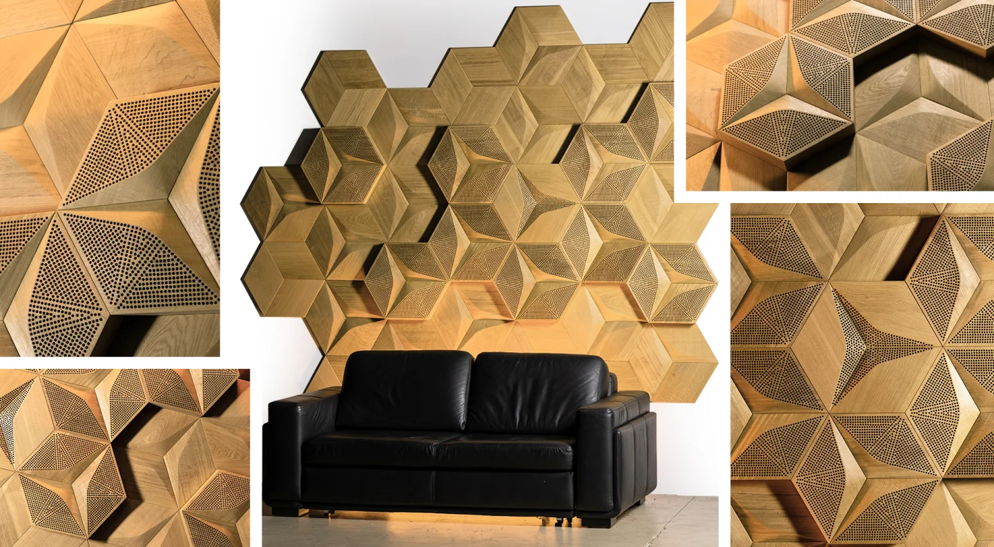 HEXAGO acoustic wood panels on the wall in a living room