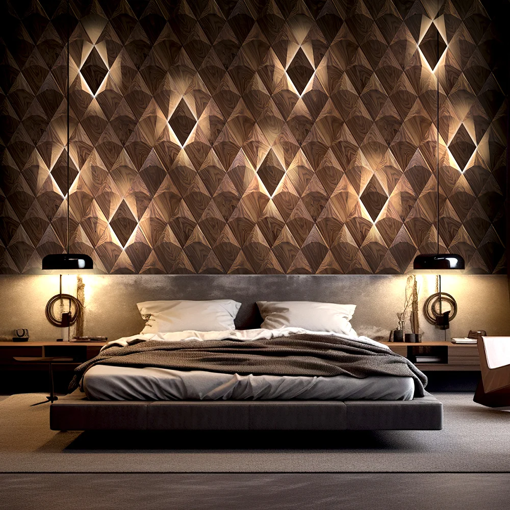Wooden wall panel with lighting in a bedroom