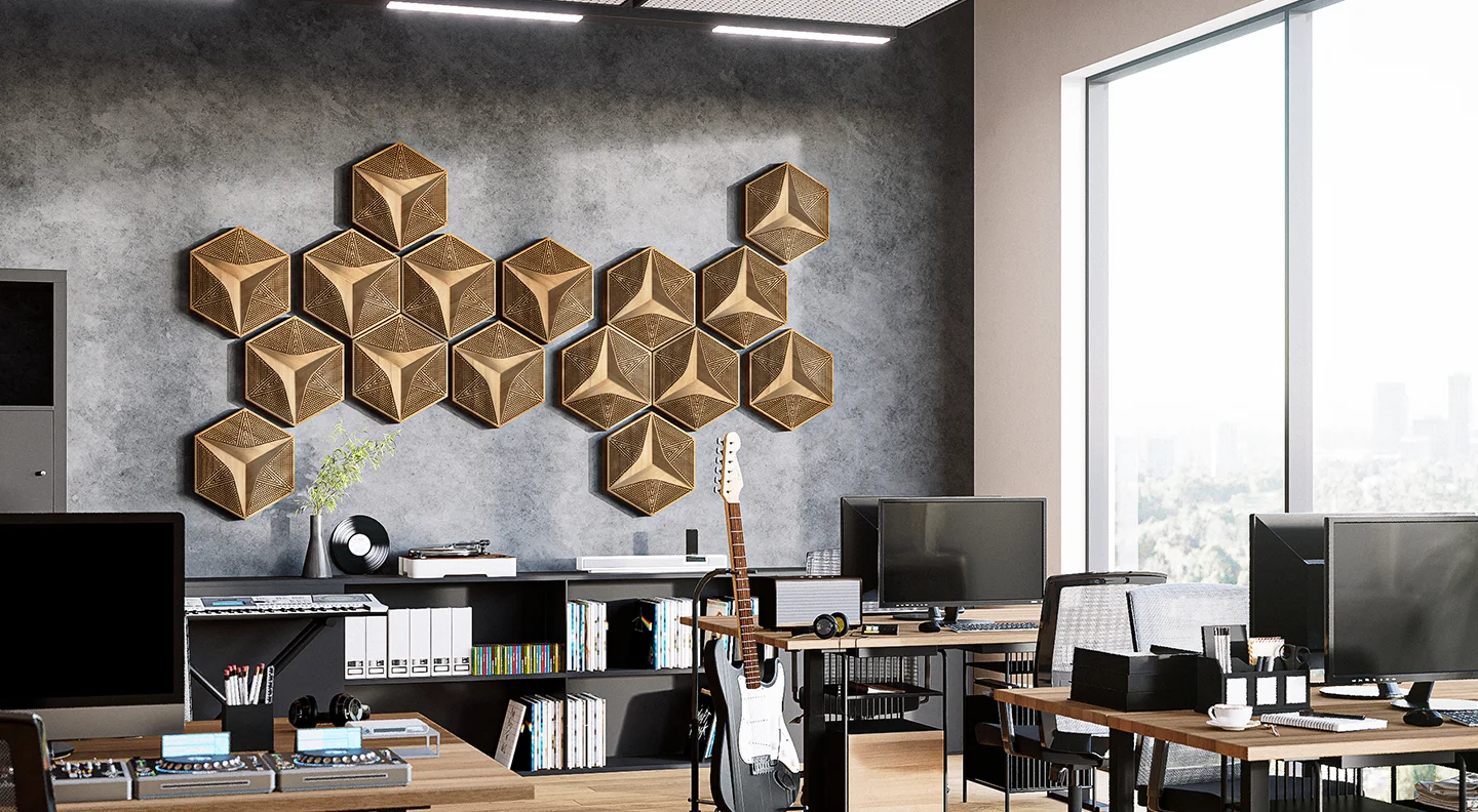 HEXAGO Akustikpaneele aus Holz im modernen Büro