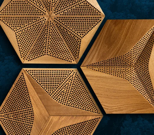 HEXAGO Holzpaneele in Blau und Naturfarben