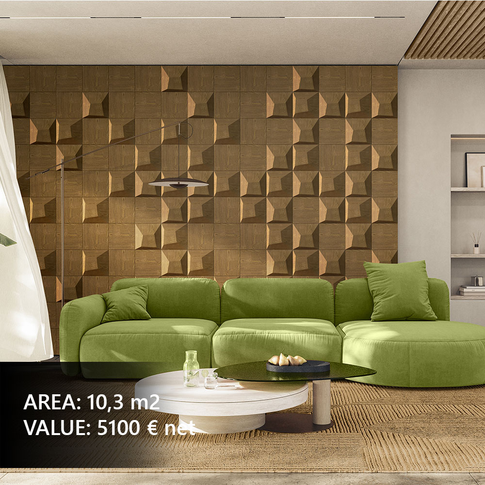 3D-Dekorpaneele im Wohnzimmer, moderne Wandgestaltung, Holzpaneele für das Wohnzimmer.