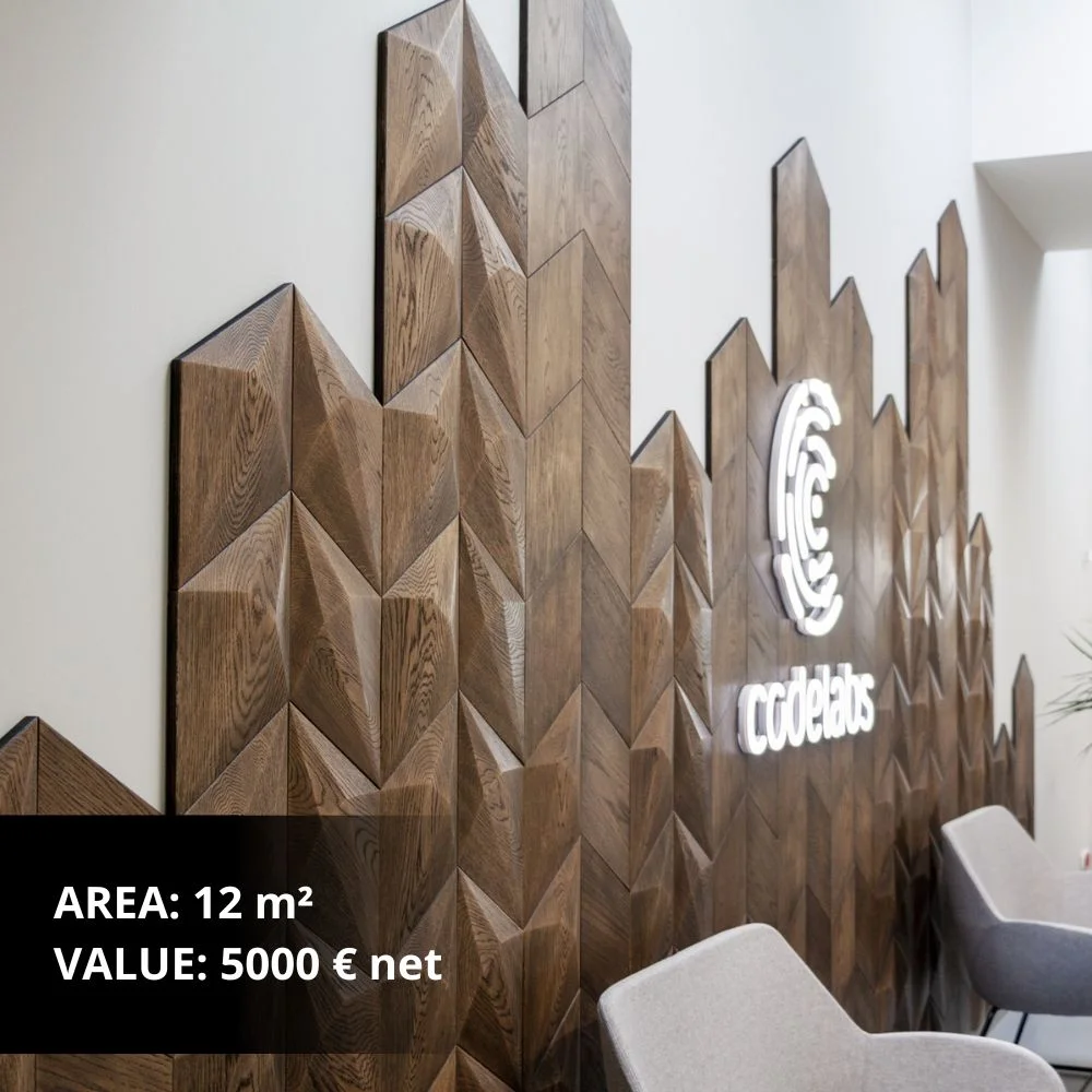 Curved hallway with tall, textured wooden wall panels